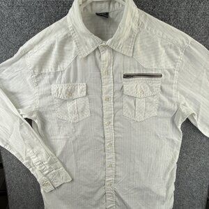Avirex Striped Zip Pocket Button Up Shirt Long Sleeve Men White Large Cotton Mix